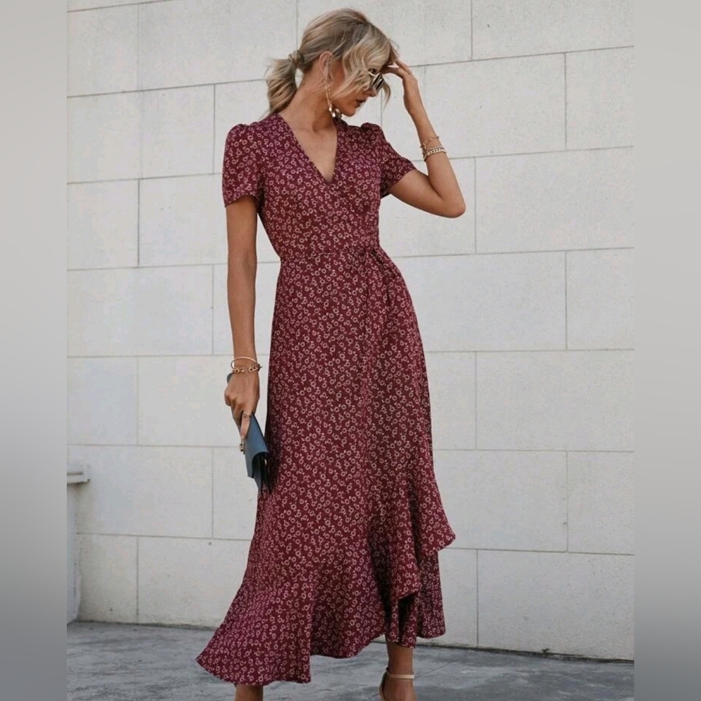 New Boho Floral Wrap Ruffle Maxi Dress Burgundy Red White - Picture 5 of 9